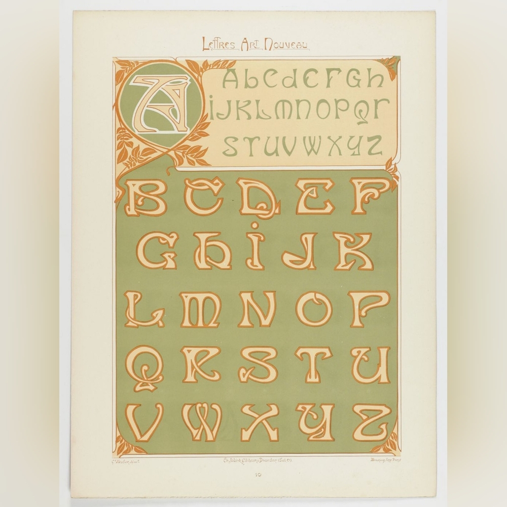 Art Nouveau Alphabet Print in Green and Orange